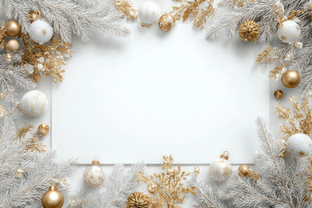 An elegant holiday background showcases white and golden decorations. Fluffy white ornaments, gold baubles and twigs surround a white area, perfect for text or graphics. The overhead composition offers a festive mood suitable for invitations and celebratory designs. The scene presents a clean aesthetic with commercial applications.の素材