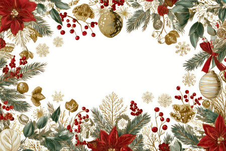 This image features a decorative border composed of Christmas elements. Red poinsettias, golden ornaments, and winter berries adorn the edges. The composition presents a symmetrical, overhead view suitable for seasonal designs. The image is ideal for holiday-themed marketing materials or editorial content.の素材