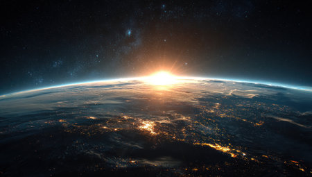 An aerial view of planet Earth at sunrise displays a vibrant glow of light over the horizon. The composition features a curved view of Earth with a dark space background. This image is suitable for educational materials, scientific publications, and conceptual designs about space and the environment.の素材