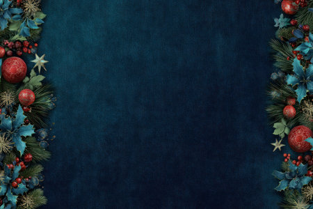 A decorative Christmas border features red ornaments, green pine, and blue foliage against a dark blue textured background. The composition is symmetrical, creating a festive atmosphere. This image is suitable for holiday-themed projects, greetings, and design elements, and it can be used for various commercial purposes.の素材