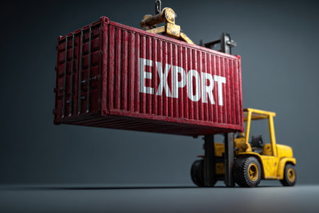 A yellow forklift elevates a red cargo container marked with the word "EXPORT". The scene features a dark gray backdrop, highlighting the container and vehicle. The composition uses overhead lighting and demonstrates a simple industrial scene. Suitable for commercial or editorial applications related to trade and logistics.の素材
