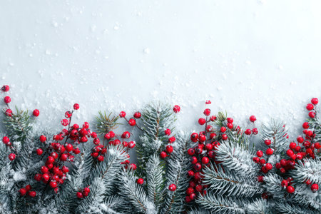 An overhead view reveals a holiday-themed composition. Evergreen branches are adorned with vibrant red berries and a dusting of white. The close-up showcases the texture of the foliage and berries against a neutral background. This image is suitable for festive greetings, seasonal promotions, and general decorative purposes.の素材