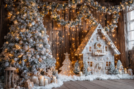 This image presents a decorated Christmas scene featuring a snow-covered model house and a large tree adorned with lights. The composition is set against a wooden backdrop illuminated by warm lighting, creating a cozy atmosphere. Suitable for use in holiday-themed advertisements, editorial content, and various design projects.の素材