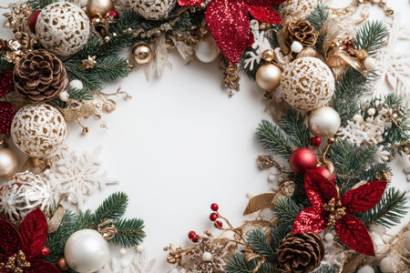 A decorative wreath displays a vibrant assortment of ornaments and evergreen foliage. Various textures and colors like green, red, and gold create a festive appeal. The overhead composition against a white backdrop suggests a holiday setting. This image is suitable for various commercial uses related to celebrations.の素材