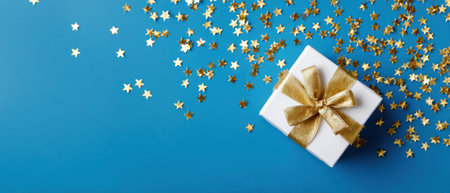 A white gift box with a golden ribbon is presented on a brilliant blue surface, adorned with scattered golden star-shaped confetti. The composition suggests a celebratory or festive theme, possibly suitable for holiday greetings, product announcements, or general promotional purposes. The overhead shot presents a clean aesthetic with ample copy space.の素材