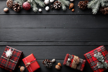 Christmas decorations are arranged on a dark wooden background featuring several wrapped gifts, pine cones, and evergreen branches. The composition exhibits a top-down perspective, characterized by contrasting colors and textures. This image suits various applications, including seasonal advertising, holiday promotions, and creative design projects.の素材