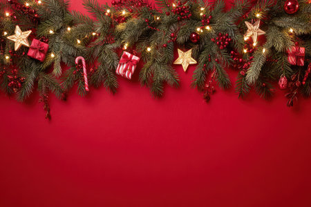 A close-up view presents a Christmas garland, adorned with lights, ornaments, and gifts against a vibrant red backdrop. The composition features a textured surface, showcasing pine needles, berries, and star-shaped decorations. Ideal for holiday-themed marketing materials, editorial content, and various festive projects.の素材