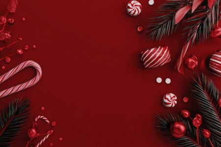A vibrant red background features decorative elements including candy canes, ornaments, and evergreen branches. The composition utilizes overhead lighting to enhance textures and forms. This image may be suitable for use in holiday-themed marketing materials or editorial content, providing visual appeal.の素材