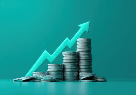 Stacked coins are the central element in this composition, accompanied by an upward-pointing arrow. The overall color palette is dominated by shades of green, with a focus on metallic textures and strong, directional lighting. This image could be useful for illustrating finance, economics, or business related concepts.の素材