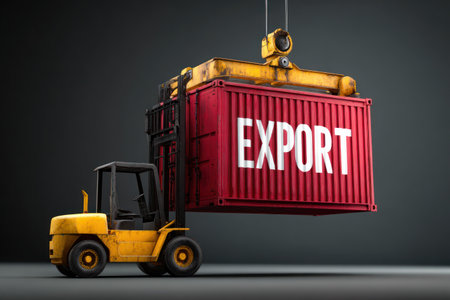 A yellow forklift elevates a red shipping container labeled "EXPORT". The image features a studio-style setting with dramatic lighting and a dark background. The container appears suspended, highlighting global trade and cargo transport. Suitable for commercial or editorial use regarding logistics and international commerce.の素材