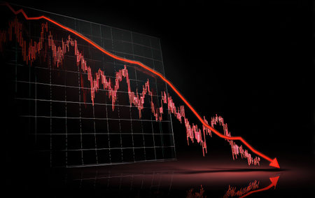 A red line dramatically descends over a grid, indicating a negative trend. The visual uses dark tones and sharp contrasts, possibly evoking a sense of financial decline. This illustration could be suitable for articles or presentations on economic topics, business reports, or discussions related to markets.の素材