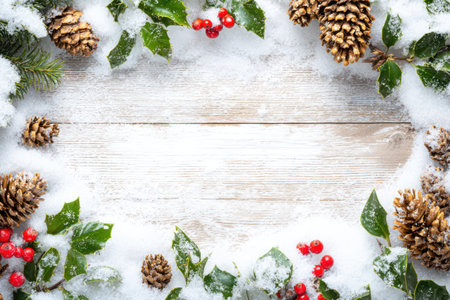This image presents a decorative frame featuring pine cones, holly berries, and fresh snow on a wooden background. The composition shows natural elements arranged around a central open space. The scene employs a high-angle perspective with overhead lighting. Suitable for festive designs, seasonal advertising, and various commercial projects.の素材