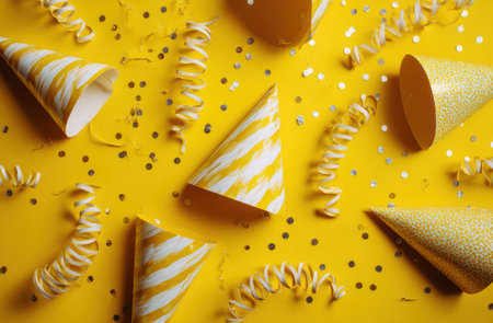 An overhead shot presents a celebratory arrangement on a bright yellow backdrop. Various party hats, along with coiled ribbons and scattered confetti create a festive mood. The composition features a symmetrical arrangement, with warm tones and soft lighting. This imagery could be useful for promotional material or illustrative purposes.の素材