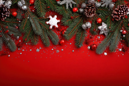 An overhead view displays a vibrant arrangement of evergreen branches adorned with festive ornaments. The composition features a rich red background contrasting with the green foliage and silver, red, and white decorative elements. This seasonal visual is suitable for holiday-themed marketing, editorial content, and design projects.の素材