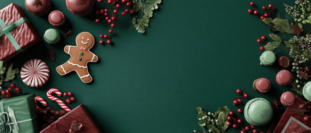 A top-down shot showcases a collection of festive elements, including presents, candies, and a gingerbread man, arranged on a deep green backdrop. The scene incorporates various shades of red, green, and brown, with soft lighting enhancing the textures. This image can be used for promotional material, seasonal greeting cards, or decorative designs.の素材