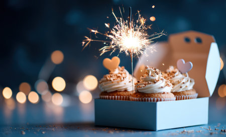 This image showcases a box of cupcakes, each topped with frosting and heart-shaped decorations. A sparkler emits a bright light above the desserts. The composition is set against a blurred background with soft, bokeh-style lighting. It could be suitable for use in advertising materials or articles about parties.の素材