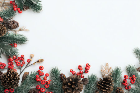 An overhead shot reveals a Christmas arrangement. Featuring green pine branches, bright red berries, and textured pine cones, it is arranged over a white background. The composition suggests a decorative element, providing copy space. Suitable for various editorial and commercial projects, the image has a vibrant and inviting atmosphere.の素材