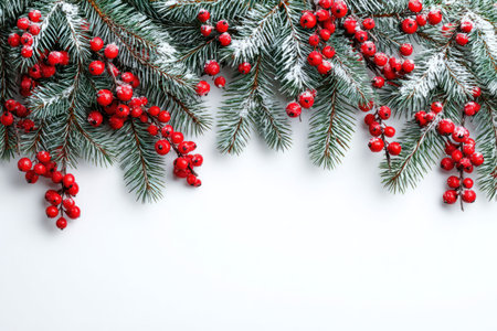 This image showcases a holiday decoration featuring evergreen branches adorned with vibrant red berries. The composition is set against a clean white backdrop, creating a contrasting visual. Ideal for design projects, the image can be used for various commercial purposes, including seasonal promotions and digital content.の素材