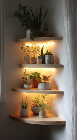 This image showcases a collection of potted plants artfully arranged on corner shelves. Soft lighting illuminates the plants and shelves, creating a warm, inviting atmosphere. The composition emphasizes the interplay of light and shadow, highlighting textures and shapes. Suitable for use in interior design, lifestyle, or decorative projects.の素材