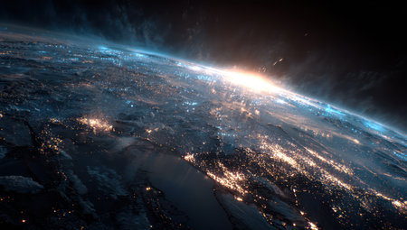 An aerial view presents planet Earth, showcasing continents and oceans. The image displays the curvature of the planet with city lights glowing against the darkness. It features a bright sunrise or sunset, creating a dramatic contrast between light and shadow, suitable for various editorial and commercial projects.の素材