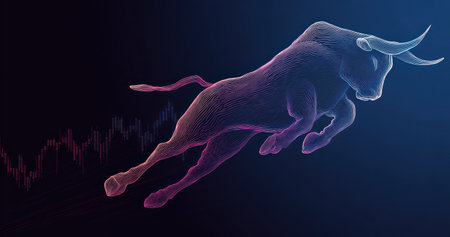 This dynamic illustration features a charging bull, a symbol of economic growth, rendered with translucent textures against a dark blue backdrop. The artwork uses a digital style with vibrant pink and purple tones, suggesting energy and movement. It could be used in financial reports, presentations, or business-related advertising.の素材