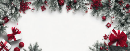 A top-down view showcases a seasonal arrangement. White gifts tied with red ribbons, red ornaments, and frosted pine branches create a holiday theme. The bright composition suggests a festive interior setting, with potential uses in seasonal advertising and design projects.の素材