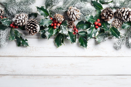 An overhead view displays a decorative garland featuring pine cones, vibrant red berries, and lush green holly leaves, accented by frosted evergreen branches. The arrangement rests on a rustic white wooden surface. This imagery may be used for various projects related to seasonal celebrations or decorative themes.の素材