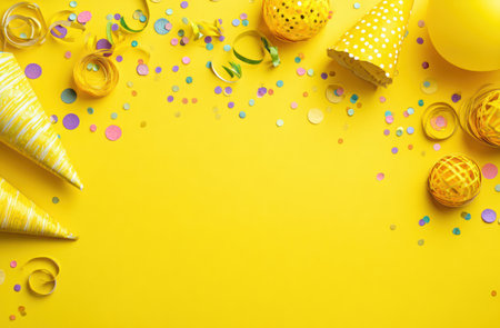 An overhead shot showcases a bright yellow surface adorned with party decorations. Scattered confetti and coiled ribbons add visual interest. Party hats and spherical objects complete the celebratory composition. Suitable for commercial projects or editorial content emphasizing celebration or joy.の素材