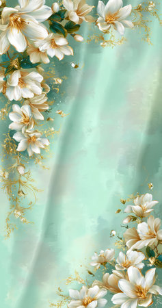 This image features a detailed floral arrangement set against a turquoise background. White and gold flowers are displayed. The composition includes flowing, delicate textures. It could be suitable for textile design, digital art, or various decorative purposes. The overall aesthetic is soft and inviting.の素材