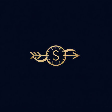 A golden emblem presents a dollar sign within a clock face pierced by an arrow. The graphic uses a minimalist design with metallic texture against a dark backdrop. Ideal for business contexts, the illustration can be used for financial, marketing, and commercial purposes.の素材