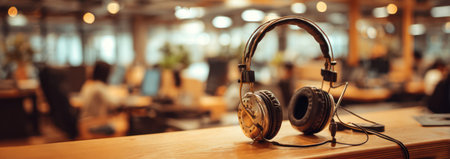 Headphones are placed on a wooden desk, dominating the foreground. The background is blurred, depicting an office environment with workstations and lights. The composition has a warm color palette with soft lighting. This image could be used for illustrating audio, technology, or business related themes, editorial or promotional content.の素材