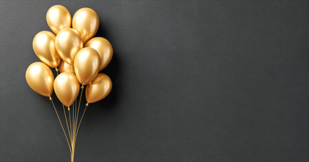 A bunch of golden balloons are clustered together against a dark gray backdrop. The objects are illuminated with soft lighting, suggesting a studio or indoor environment. The composition offers ample copy space to the right. This image is suitable for celebratory or festive themed commercial applications.の素材