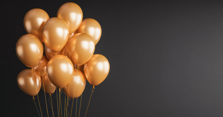 A collection of shiny, gold-colored balloons are presented against a dark, contrasting background. The objects are illuminated with soft lighting, suggesting an indoor setting. The composition offers ample copy space, making it appropriate for diverse commercial or promotional applications.の素材