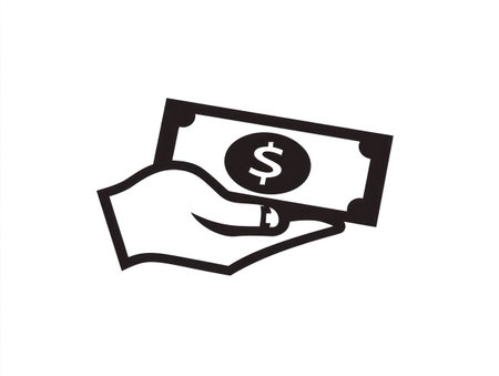 An illustrated hand holds money with dollar symbol, rendered in black and white. The vector-style design features clean lines and a simple composition. Ideal for visual communication about finance, transactions, and investments. Suitable for various commercial uses related to financial concepts.の素材