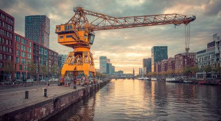 An image showcases a large yellow industrial crane positioned over water in an urban setting. The composition includes modern buildings lining the water's edge and a cloudy sky. The photograph likely serves various commercial and editorial purposes, highlighting infrastructure and construction.の素材
