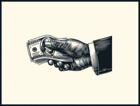 An illustration depicts a hand holding a stack of US dollar banknotes. The image presents a black and white engraving style with fine lines. The composition features a close-up view, highlighting the hand and money. It is suitable for financial, business, or conceptual projects.の素材