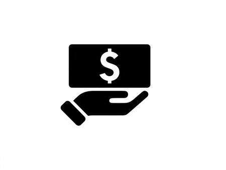 An illustration depicts a hand presenting a dollar sign, rendered in a simple black and white style. The design emphasizes a financial transaction or concept. The composition uses a flat design aesthetic with strong contrast, suitable for various business or economic related uses. The clean presentation and bold imagery is ideal for web or print materials.の素材