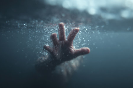 An image shows a human hand reaching upward from beneath the water's surface, amidst scattered bubbles. The scene is characterized by cool, muted tones and dim lighting. This evocative composition could be used in various commercial applications, including editorial illustrations or conceptual designs, conveying themes of despair or rescue.の素材