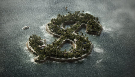 An aerial view shows an island formation in the shape of a dollar sign surrounded by water. The island is covered with trees, contrasting with the blue water. The scene uses overhead lighting, creating a natural appearance. It may be suitable for financial concepts and business illustrations.の素材
