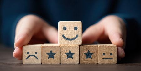 A close-up captures hands arranging wooden blocks displaying emotive faces and stars. The blocks feature brown tones, with a shallow depth of field. The scene conveys a sense of positive feedback and evaluation, potentially suitable for business presentations or editorial content related to customer satisfaction.の素材