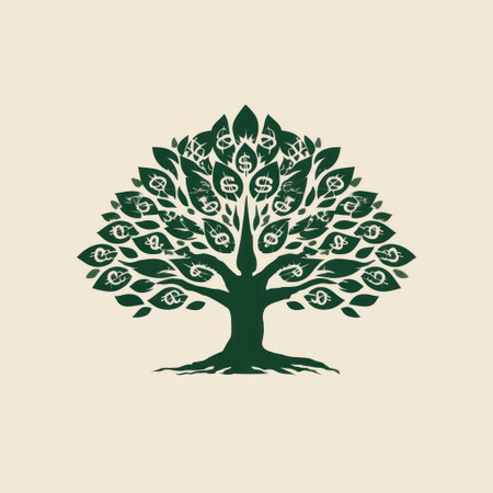 An illustration depicts a stylized tree, its leaves adorned with dollar sign symbols. The artwork features a dark green color palette against a neutral background. The composition suggests concepts of wealth and growth, lending itself to financial or business-related visual communication, also potentially for editorial and commercial use.の素材