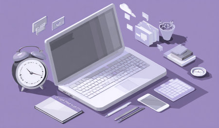 An isometric illustration depicts a laptop surrounded by office supplies. The scene features a clock, documents, a phone, and other elements, all rendered in shades of white and gray. This digital composition uses a purple background and may be useful for presentations or various commercial projects.の素材