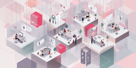 An isometric illustration depicts various office environments with diverse individuals engaged in activities. The design features a palette of soft pinks, grays, and whites. People interact with computers and displays in a structured, contemporary style. Suitable for commercial concepts relating to business, technology, and workplaces.の素材