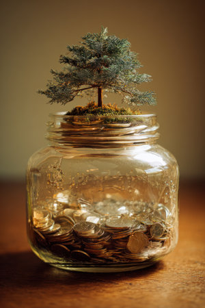 A glass jar filled with coins supports a small tree, symbolizing growth and investment. The image showcases the concept of financial development. Warm lighting highlights the details, set on a wooden surface. Suitable for illustrating themes of savings, future planning, and economic success.の素材