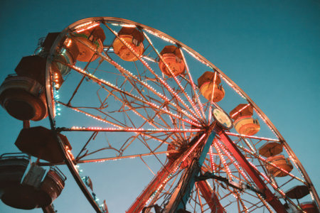An illuminated Ferris wheel stands against a deep blue sky. The circular structure is composed of interconnected metal beams and lit gondolas. Warm, inviting colors and lighting creates a sense of entertainment and leisure. This image may be used for marketing materials or visual storytelling purposes.の素材