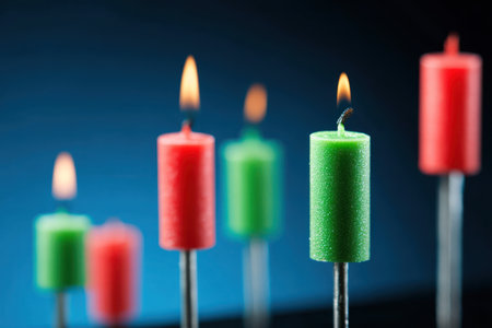 Several lit candles are presented against a deep blue backdrop. The candles, in red and green hues, stand on metallic holders. The composition highlights the flame's glow. The image would be suitable for diverse editorial and promotional material.の素材