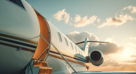 A private jet is captured outdoors, showcasing an open door and staircase against a backdrop of clouds and sky. The image displays a clean, modern aesthetic with a focus on lines and angles. Soft lighting creates a sense of luxury. Suitable for illustrating travel, aviation, or financial success.の素材