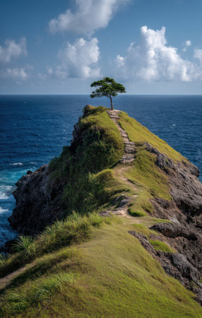 A single tree stands prominently on a grassy cliff edge, facing a vast ocean under a partly cloudy sky. The image showcases natural textures with shades of green, brown, and blue, creating a vibrant outdoor scene. Suitable for a variety of commercial and editorial applications, emphasizing natural beauty and landscape.の素材