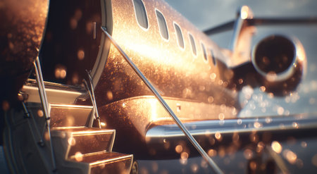 A close-up view presents a luxurious private jet, highlighted by a rich, golden color and sparkling bokeh effects. The image shows the exterior of the aircraft with stairs leading to the entrance. It may be suitable for illustrating themes of travel, wealth, and high-end lifestyle in various commercial or editorial applications.の素材