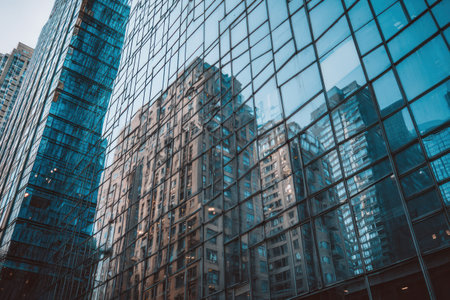 The image displays a close-up of a contemporary building facade made of glass. The glossy surface reflects surrounding structures, creating a complex interplay of lines and colors. Natural daylight illuminates the scene. Suitable for architectural, business, and urban design projects.の素材